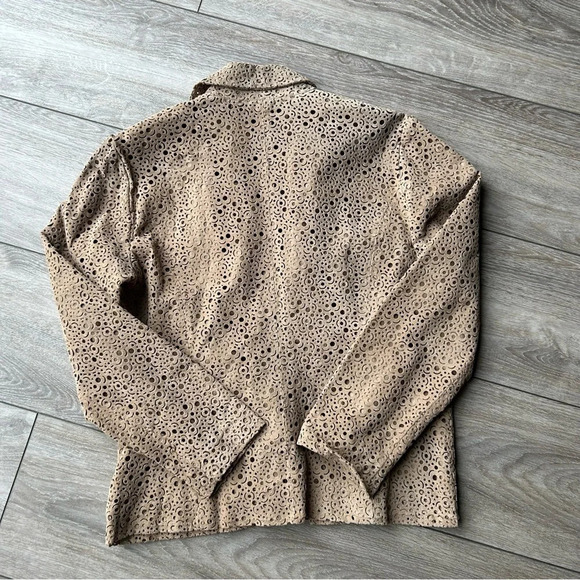 Chico's Tan Genuine Leather Laser Cutout Long Sleeve Open Front  Jacket - Picture 10 of 12